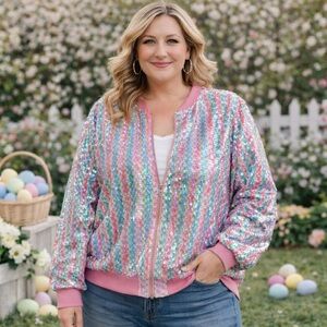 Fantastic Fawn Pink and Blue Sequin Bomber Jacket